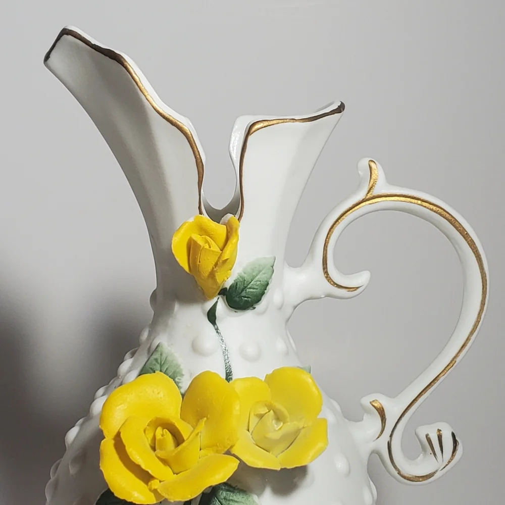 Vintage Lefton China, Japan Porcelain Pitcher Vase with Yellow Rose Flowers EVC